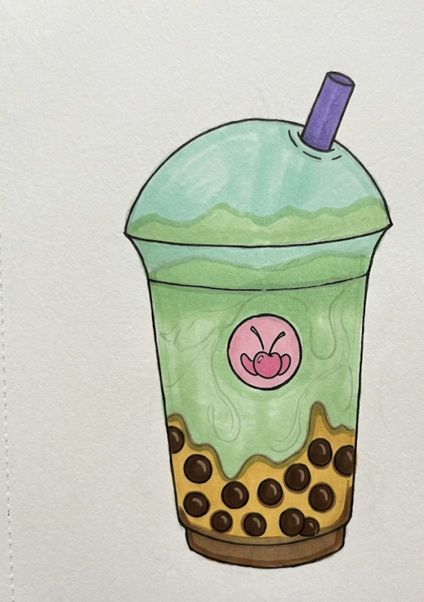 A hand-drawn green boba cup with a purple straw and dark tapioca pearls.