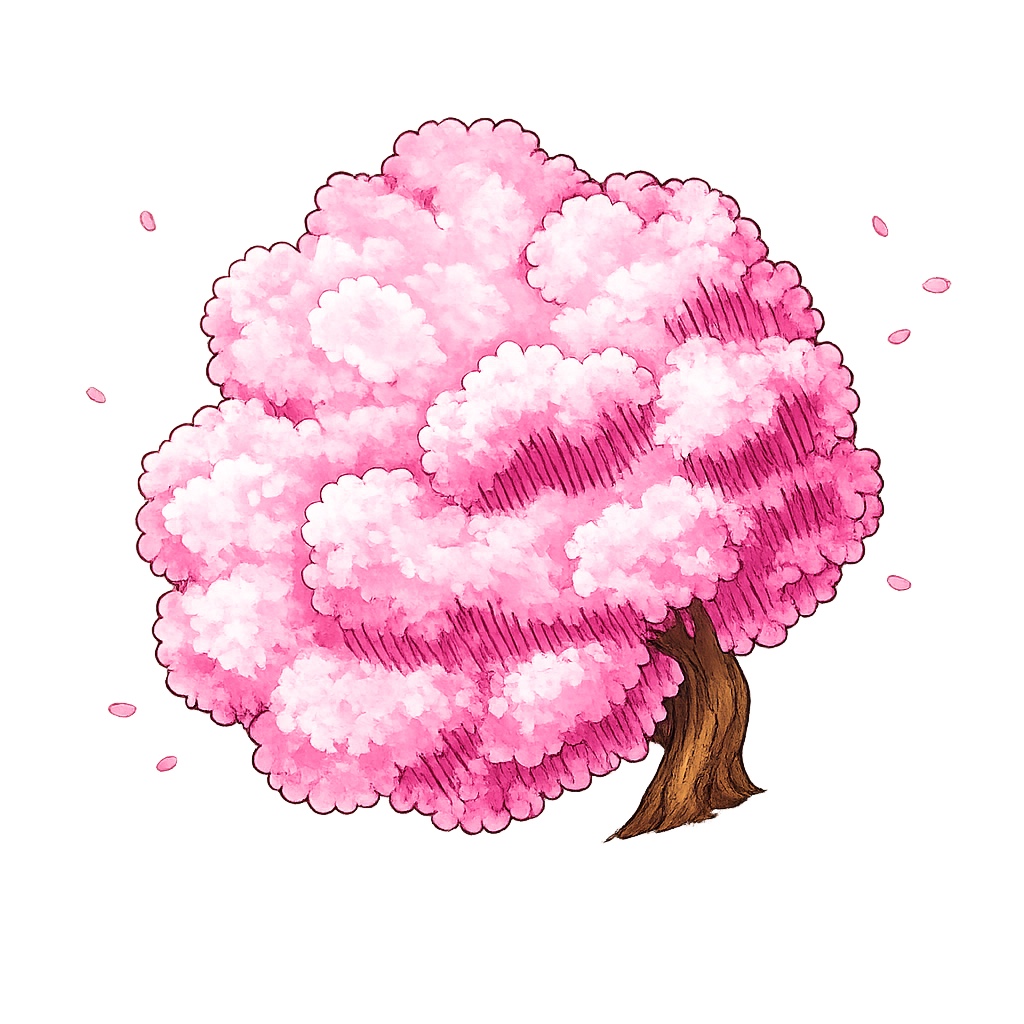 A pink sakura tree with loose watercolor petals drifting around it.